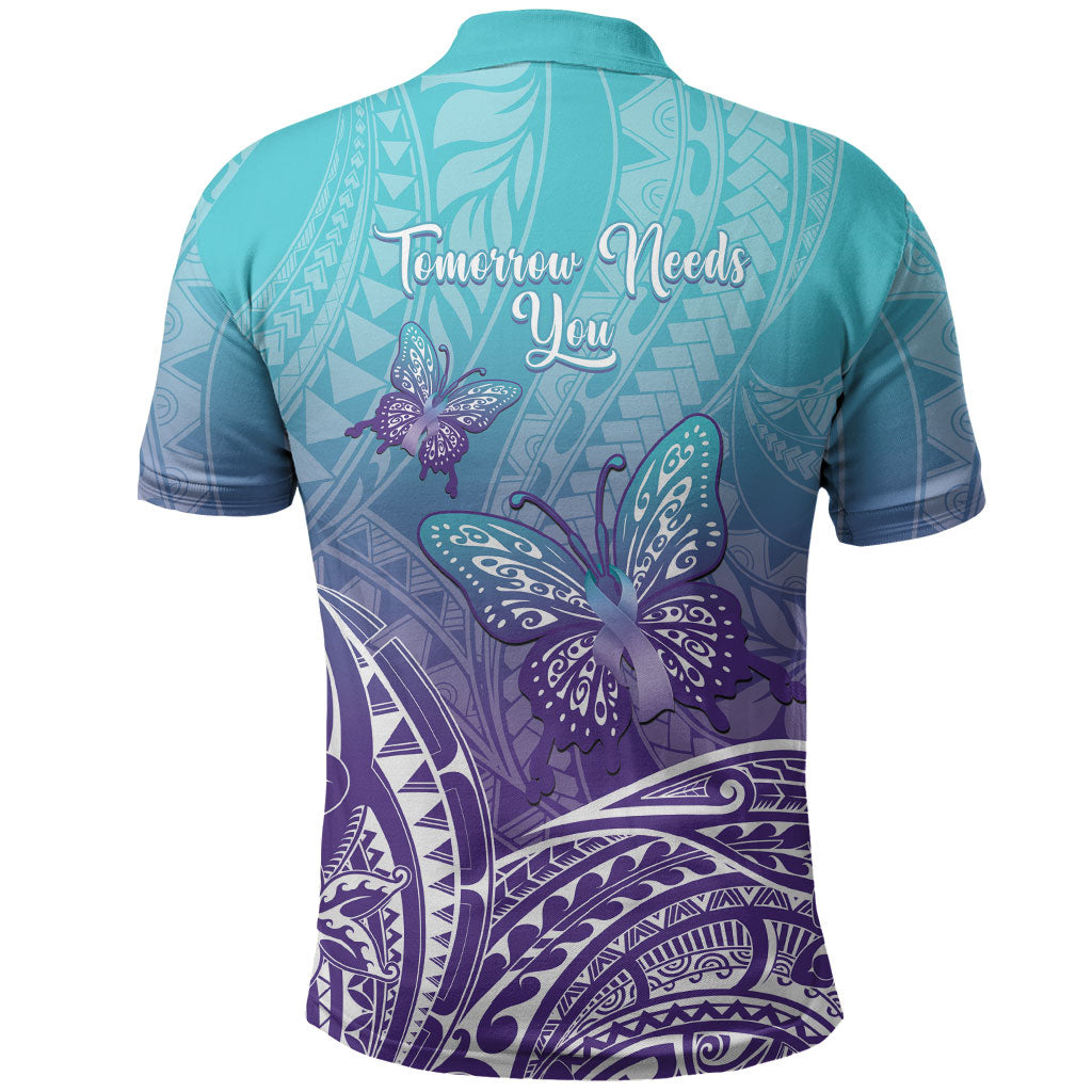 Polynesia Suicide Prevention Month Polo Shirt Butterfly Purple And Teal Ribbon Tomorrow Needs You