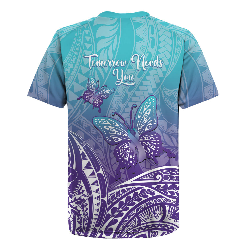 Polynesia Suicide Prevention Month Rugby Jersey Butterfly Purple And Teal Ribbon Tomorrow Needs You