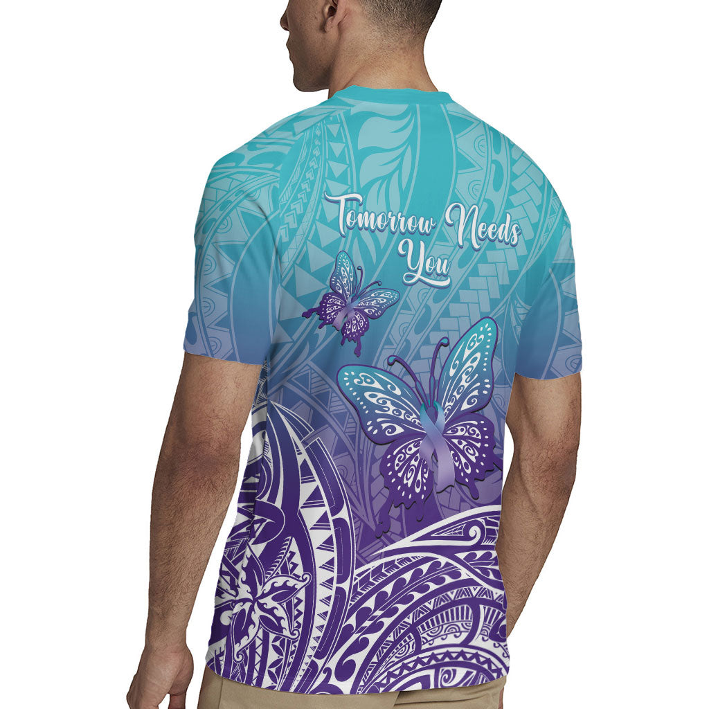 Polynesia Suicide Prevention Month Rugby Jersey Butterfly Purple And Teal Ribbon Tomorrow Needs You