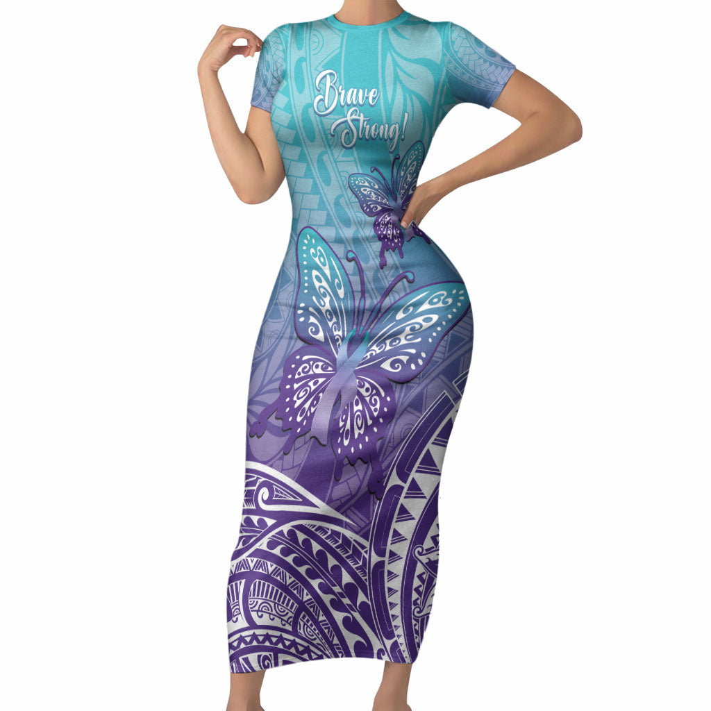 Polynesia Suicide Prevention Month Short Sleeve Bodycon Dress Butterfly Purple And Teal Ribbon Tomorrow Needs You
