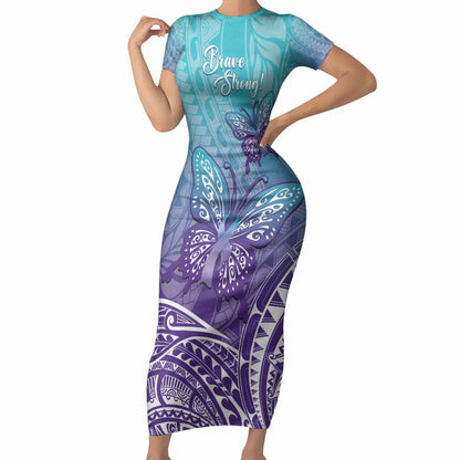 Polynesia Suicide Prevention Month Short Sleeve Bodycon Dress Butterfly Purple And Teal Ribbon Tomorrow Needs You