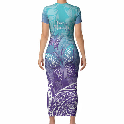 Polynesia Suicide Prevention Month Short Sleeve Bodycon Dress Butterfly Purple And Teal Ribbon Tomorrow Needs You