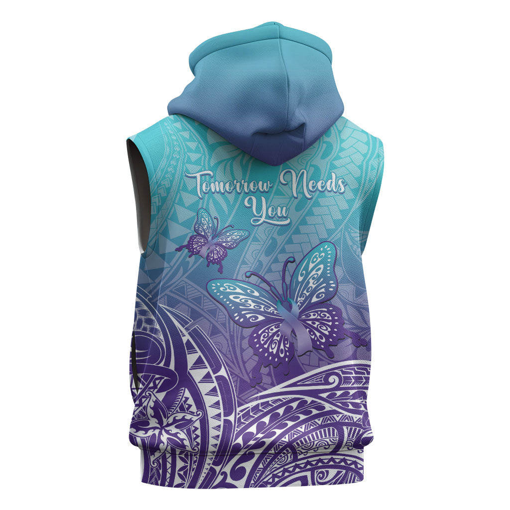 Polynesia Suicide Prevention Month Sleeveless Hoodie Butterfly Purple And Teal Ribbon Tomorrow Needs You