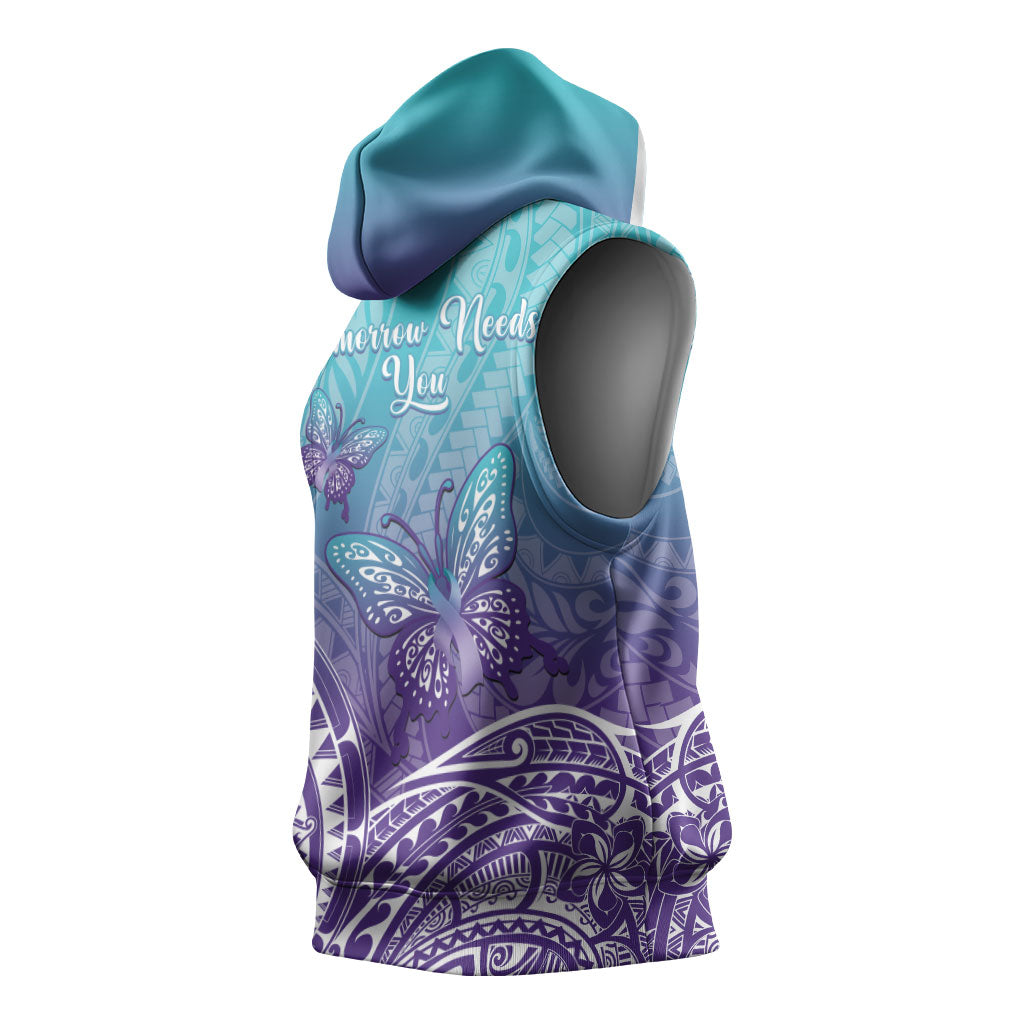 Polynesia Suicide Prevention Month Sleeveless Hoodie Butterfly Purple And Teal Ribbon Tomorrow Needs You