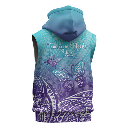 Polynesia Suicide Prevention Month Sleeveless Zip Hoodie Butterfly Purple And Teal Ribbon Tomorrow Needs You