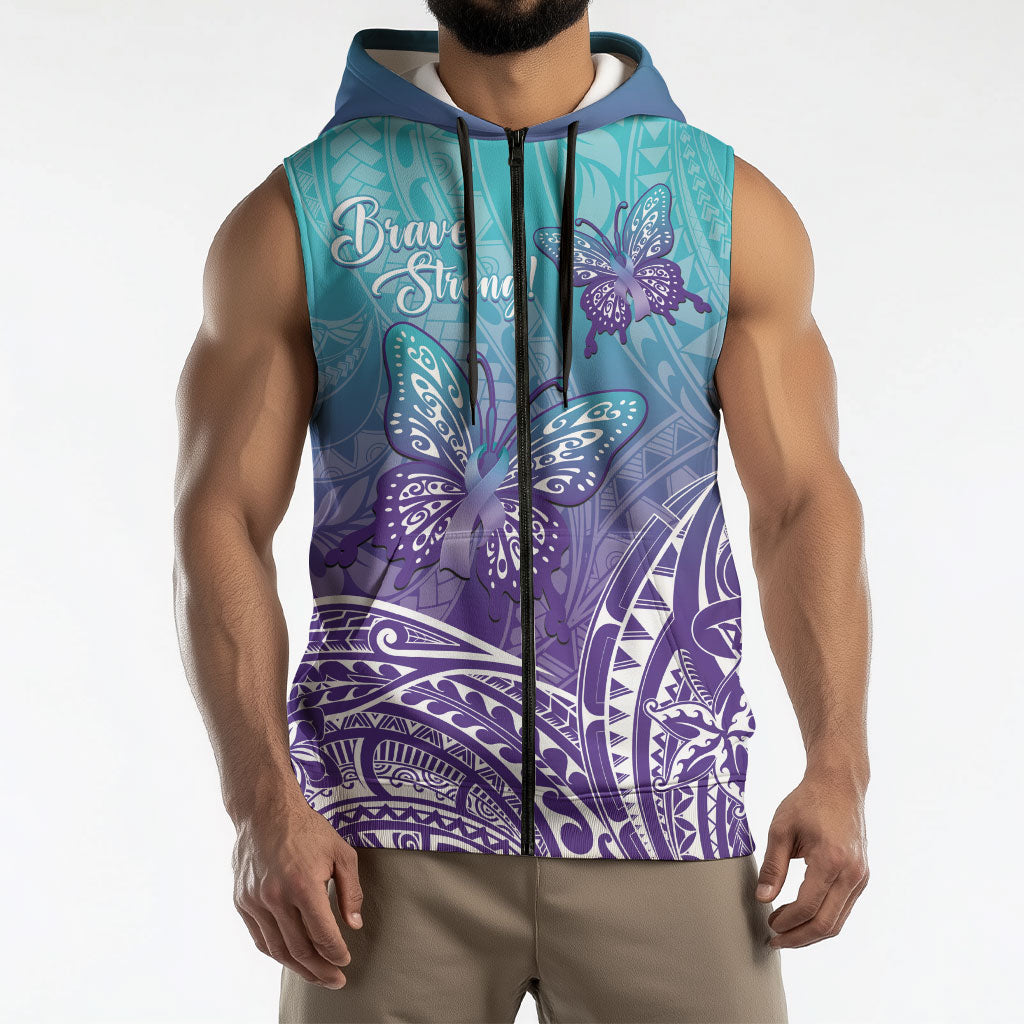 Polynesia Suicide Prevention Month Sleeveless Zip Hoodie Butterfly Purple And Teal Ribbon Tomorrow Needs You