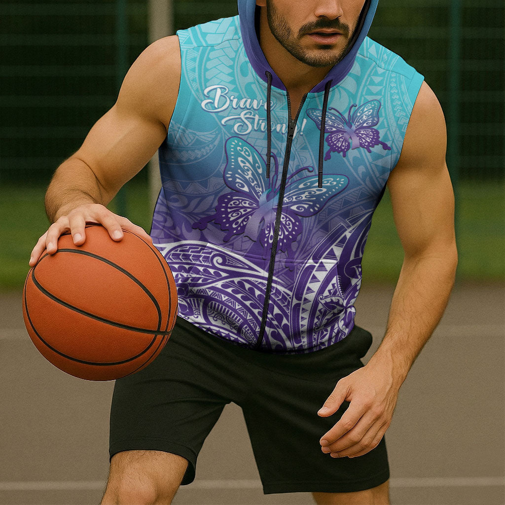Polynesia Suicide Prevention Month Sleeveless Zip Hoodie Butterfly Purple And Teal Ribbon Tomorrow Needs You