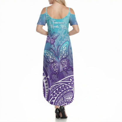 Polynesia Suicide Prevention Month Summer Maxi Dress Butterfly Purple And Teal Ribbon Tomorrow Needs You