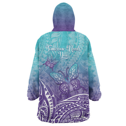 Polynesia Suicide Prevention Month Wearable Blanket Hoodie Butterfly Purple And Teal Ribbon Tomorrow Needs You