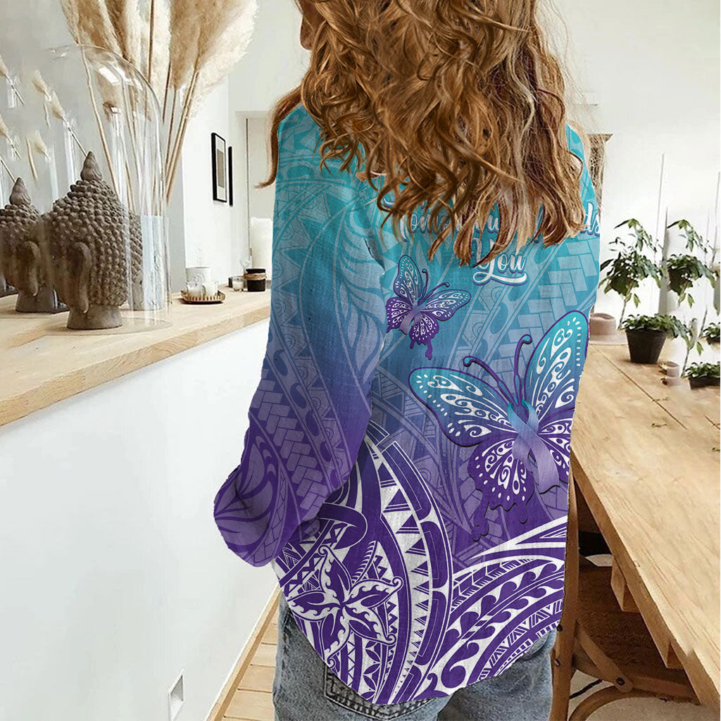 Polynesia Suicide Prevention Month Women Casual Shirt Butterfly Purple And Teal Ribbon Tomorrow Needs You