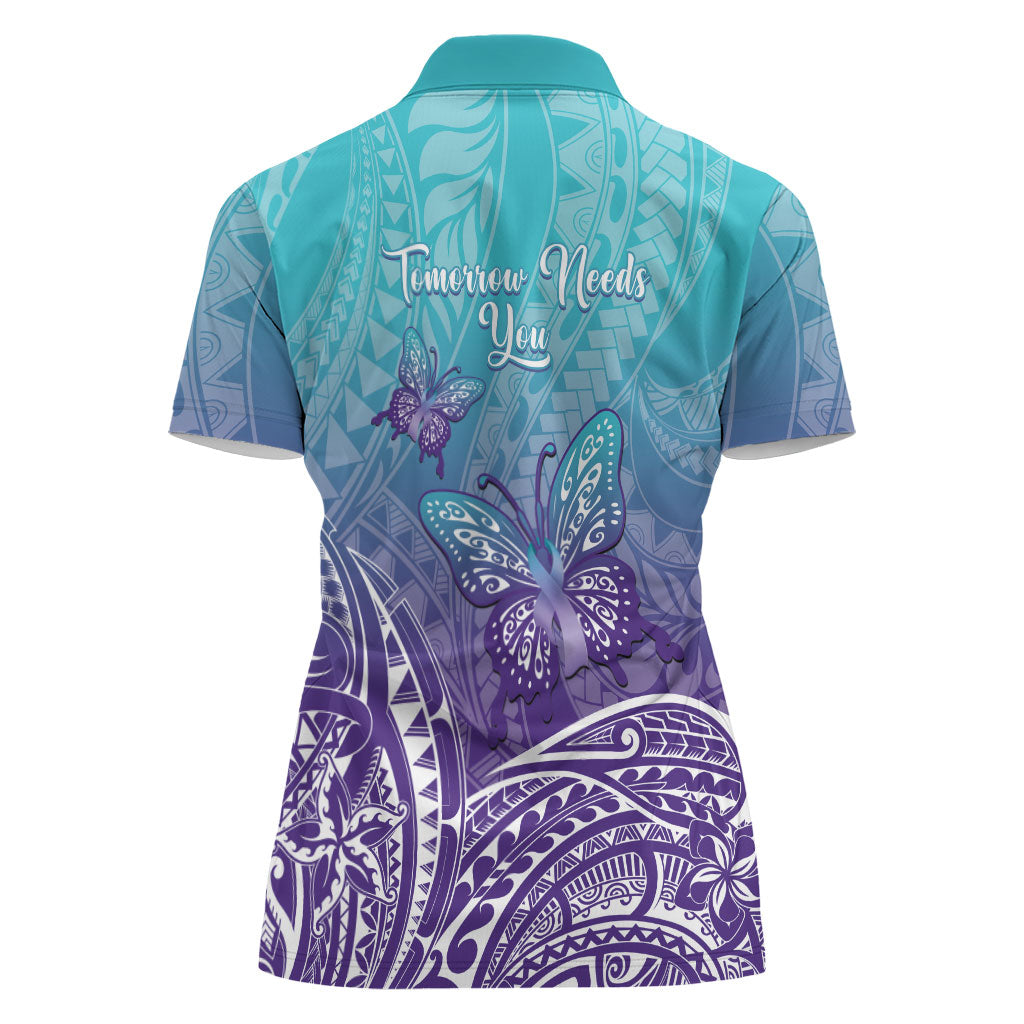 Polynesia Suicide Prevention Month Women Polo Shirt Butterfly Purple And Teal Ribbon Tomorrow Needs You