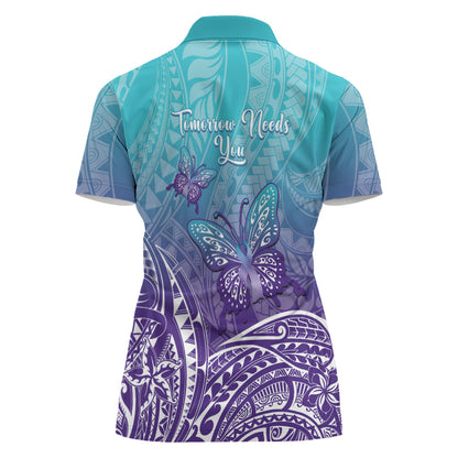 Polynesia Suicide Prevention Month Women Polo Shirt Butterfly Purple And Teal Ribbon Tomorrow Needs You