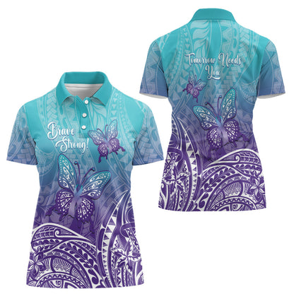 Polynesia Suicide Prevention Month Women Polo Shirt Butterfly Purple And Teal Ribbon Tomorrow Needs You