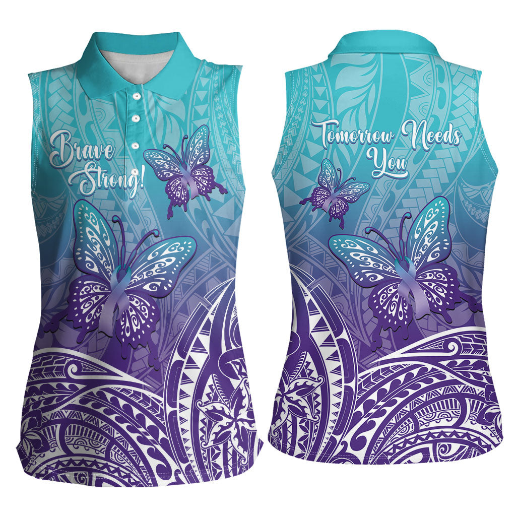 Polynesia Suicide Prevention Month Women Sleeveless Polo Shirt Butterfly Purple And Teal Ribbon Tomorrow Needs You