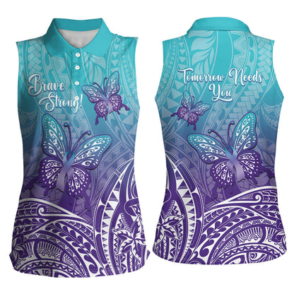 Polynesia Suicide Prevention Month Women Sleeveless Polo Shirt Butterfly Purple And Teal Ribbon Tomorrow Needs You