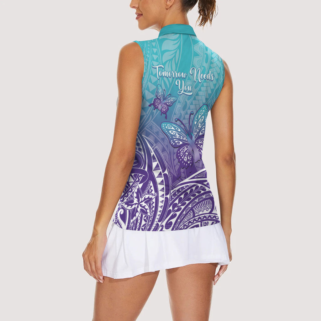 Polynesia Suicide Prevention Month Women Sleeveless Polo Shirt Butterfly Purple And Teal Ribbon Tomorrow Needs You