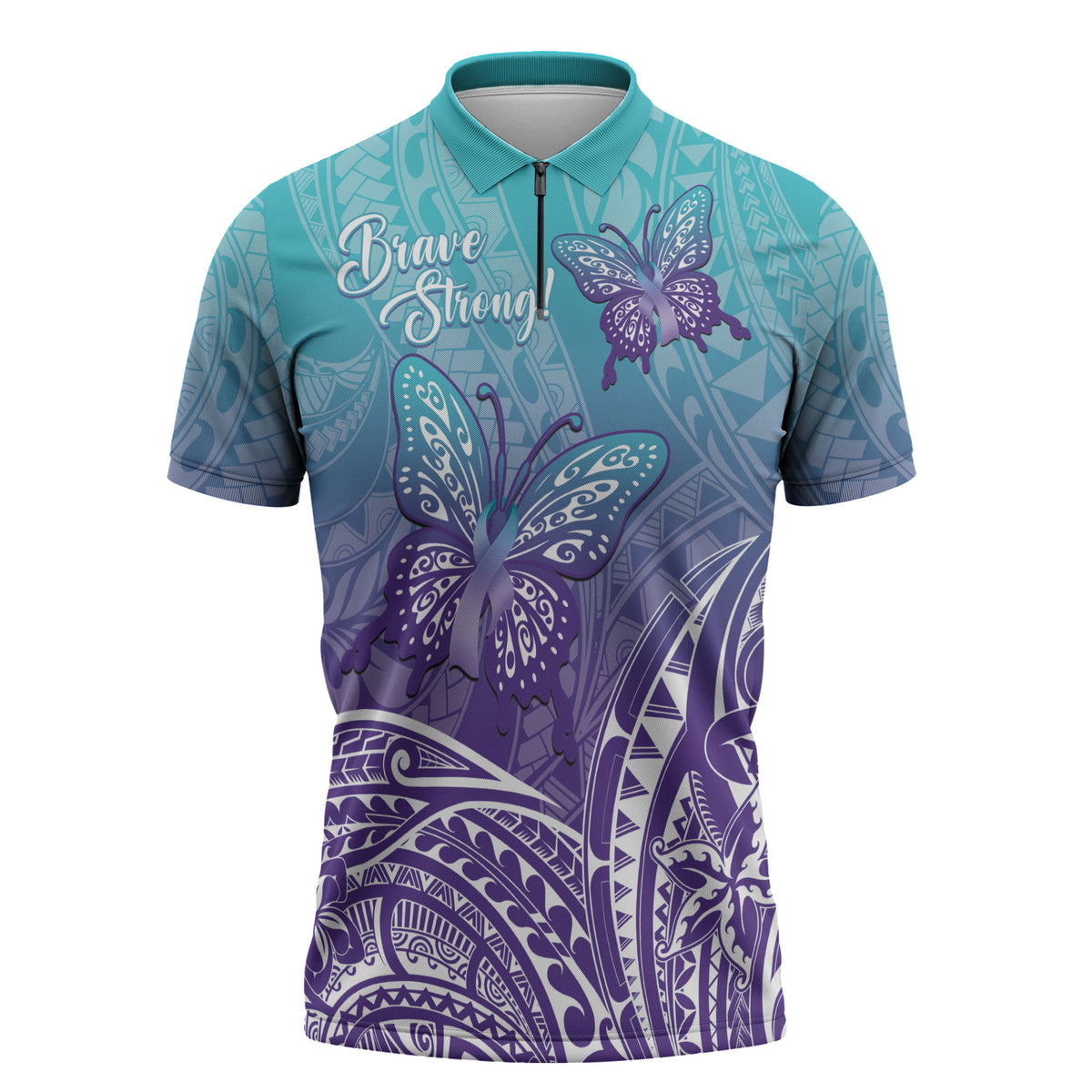 Polynesia Suicide Prevention Month Zipper Polo Shirt Butterfly Purple And Teal Ribbon Tomorrow Needs You