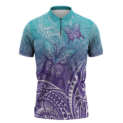 Polynesia Suicide Prevention Month Zipper Polo Shirt Butterfly Purple And Teal Ribbon Tomorrow Needs You