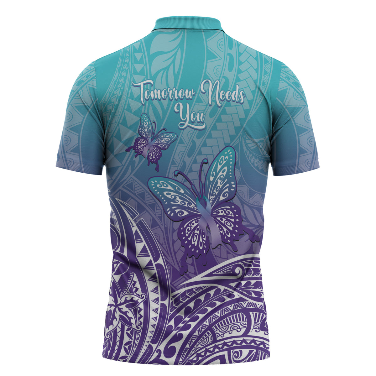 Polynesia Suicide Prevention Month Zipper Polo Shirt Butterfly Purple And Teal Ribbon Tomorrow Needs You
