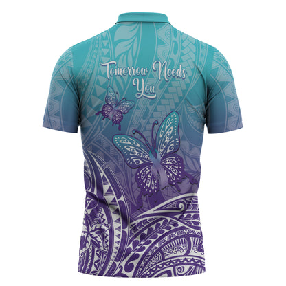 Polynesia Suicide Prevention Month Zipper Polo Shirt Butterfly Purple And Teal Ribbon Tomorrow Needs You