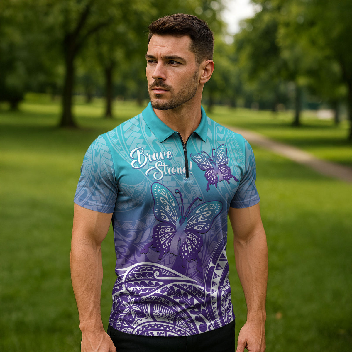 Polynesia Suicide Prevention Month Zipper Polo Shirt Butterfly Purple And Teal Ribbon Tomorrow Needs You