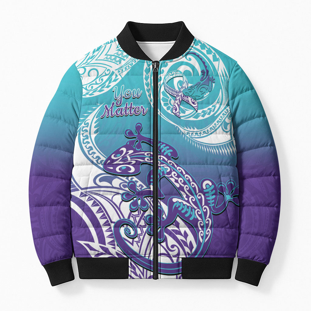 Personalised New Zealand Suicide Prevention Month Bomber Puffer Jacket You Matter NZ Fern With Maori Koru Lizard