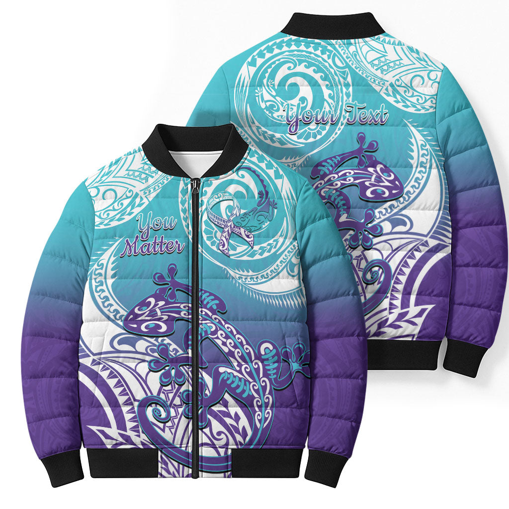 Personalised New Zealand Suicide Prevention Month Bomber Puffer Jacket You Matter NZ Fern With Maori Koru Lizard