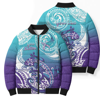Personalised New Zealand Suicide Prevention Month Bomber Puffer Jacket You Matter NZ Fern With Maori Koru Lizard