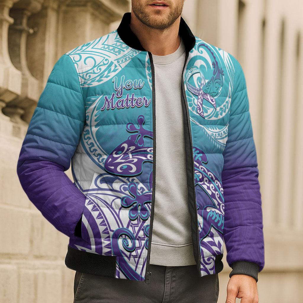 Personalised New Zealand Suicide Prevention Month Bomber Puffer Jacket You Matter NZ Fern With Maori Koru Lizard