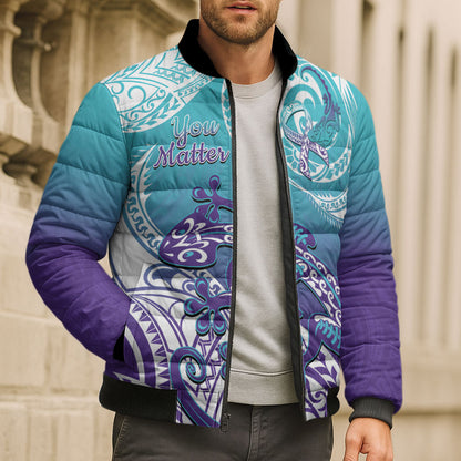 Personalised New Zealand Suicide Prevention Month Bomber Puffer Jacket You Matter NZ Fern With Maori Koru Lizard