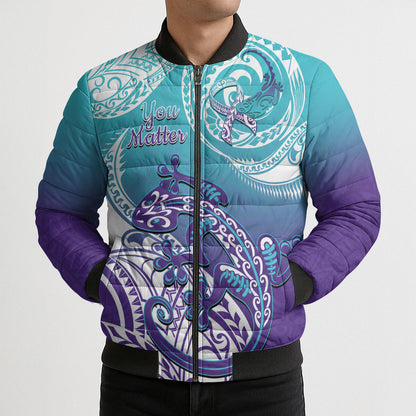 Personalised New Zealand Suicide Prevention Month Bomber Puffer Jacket You Matter NZ Fern With Maori Koru Lizard