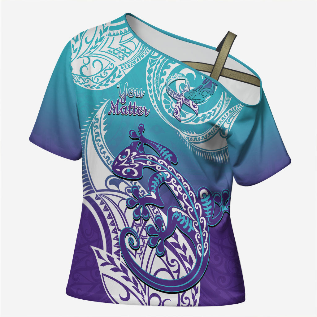 Personalised New Zealand Suicide Prevention Month Cross Shoulder Shirt You Matter NZ Fern With Maori Koru Lizard