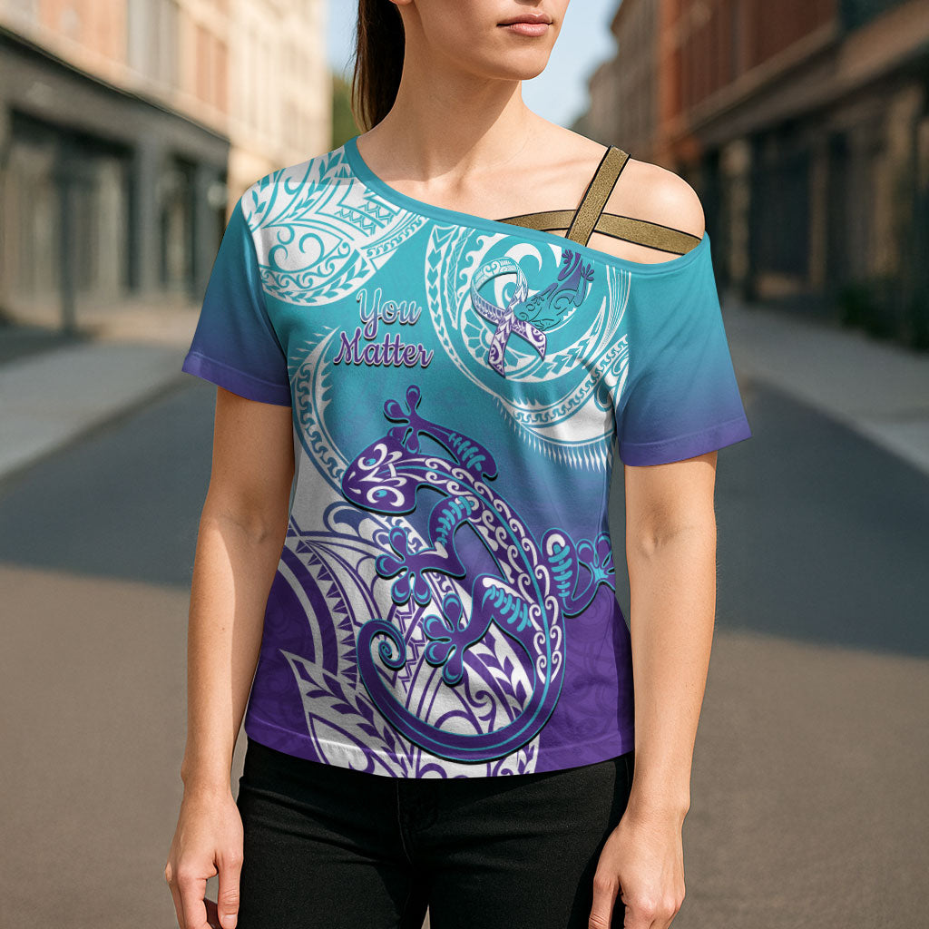Personalised New Zealand Suicide Prevention Month Cross Shoulder Shirt You Matter NZ Fern With Maori Koru Lizard