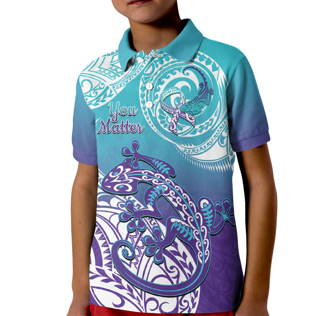 Personalised New Zealand Suicide Prevention Month Kid Polo Shirt You Matter NZ Fern With Maori Koru Lizard