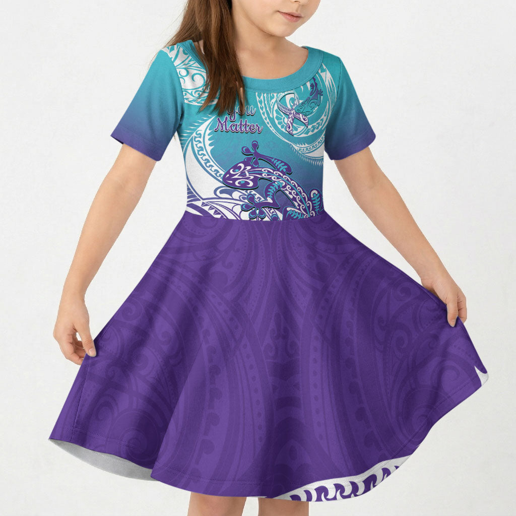 Personalised New Zealand Suicide Prevention Month Kid Short Sleeve Dress You Matter NZ Fern With Maori Koru Lizard
