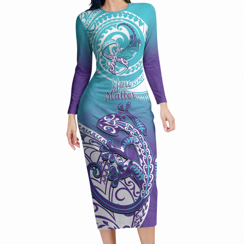 Personalised New Zealand Suicide Prevention Month Long Sleeve Bodycon Dress You Matter NZ Fern With Maori Koru Lizard