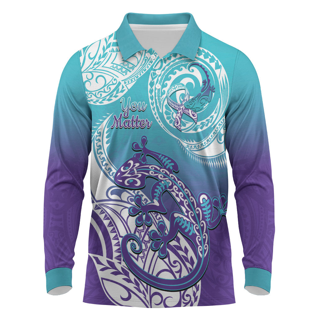 Personalised New Zealand Suicide Prevention Month Long Sleeve Polo Shirt You Matter NZ Fern With Maori Koru Lizard