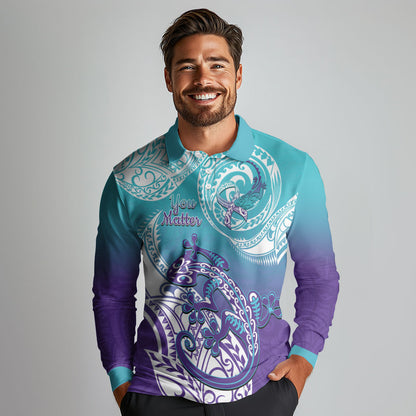 Personalised New Zealand Suicide Prevention Month Long Sleeve Polo Shirt You Matter NZ Fern With Maori Koru Lizard