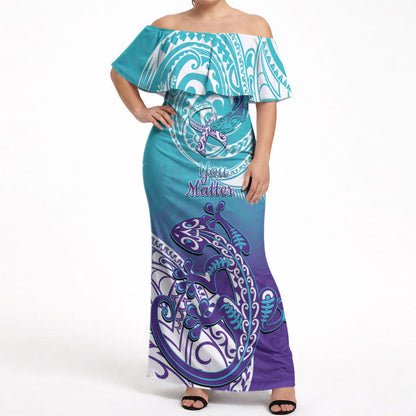 Personalised New Zealand Suicide Prevention Month Off Shoulder Maxi Dress You Matter NZ Fern With Maori Koru Lizard