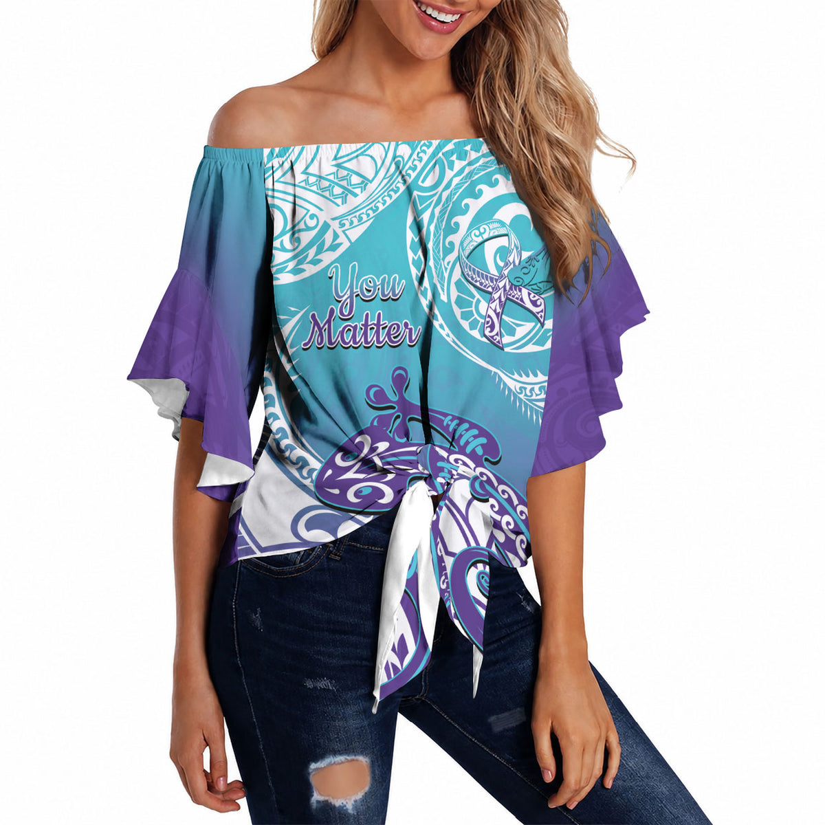 Personalised New Zealand Suicide Prevention Month Off Shoulder Wrap Waist Top You Matter NZ Fern With Maori Koru Lizard