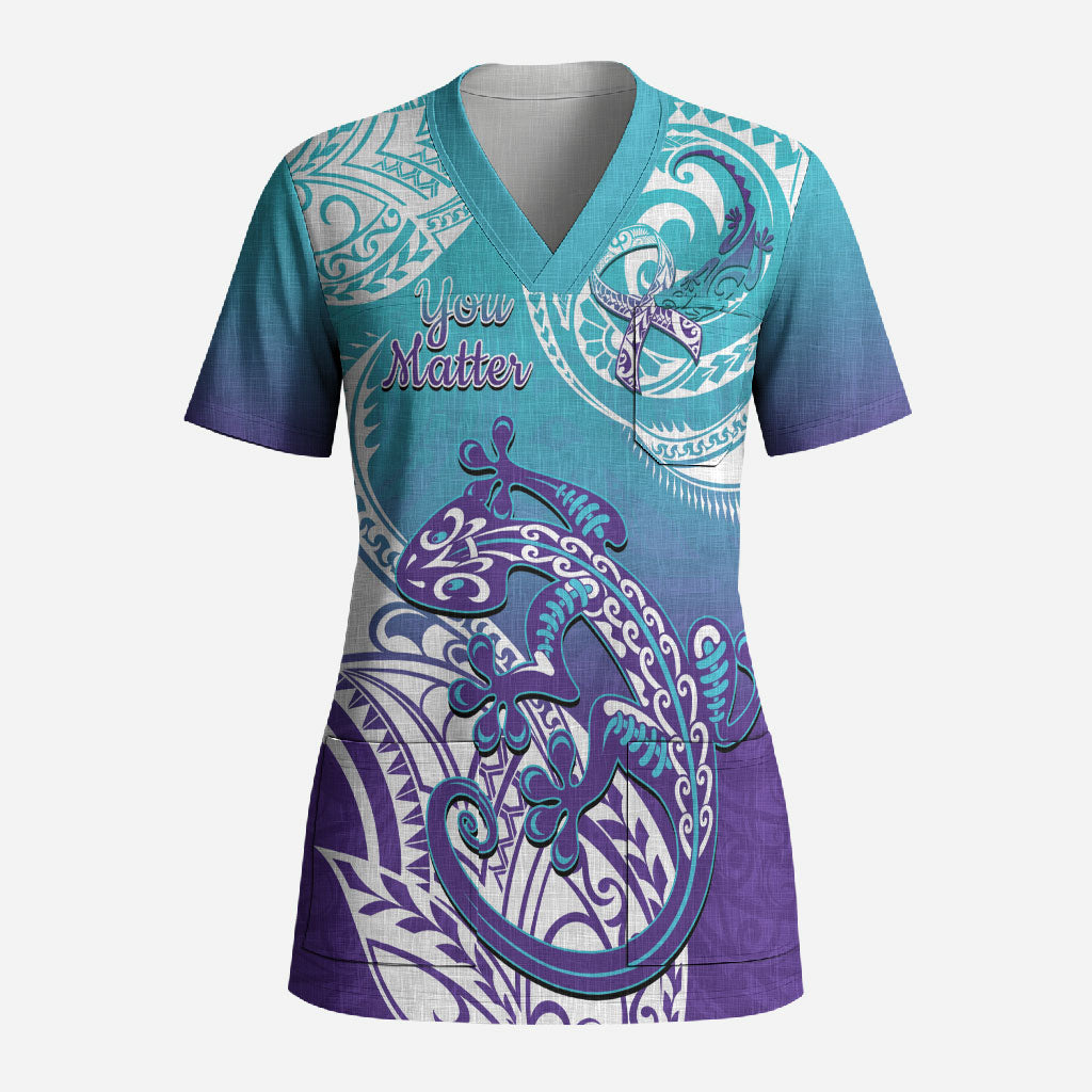 Personalised New Zealand Suicide Prevention Month Scrub Top You Matter NZ Fern With Maori Koru Lizard