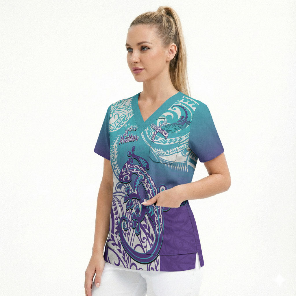Personalised New Zealand Suicide Prevention Month Scrub Top You Matter NZ Fern With Maori Koru Lizard