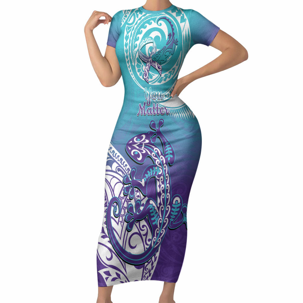 Personalised New Zealand Suicide Prevention Month Short Sleeve Bodycon Dress You Matter NZ Fern With Maori Koru Lizard