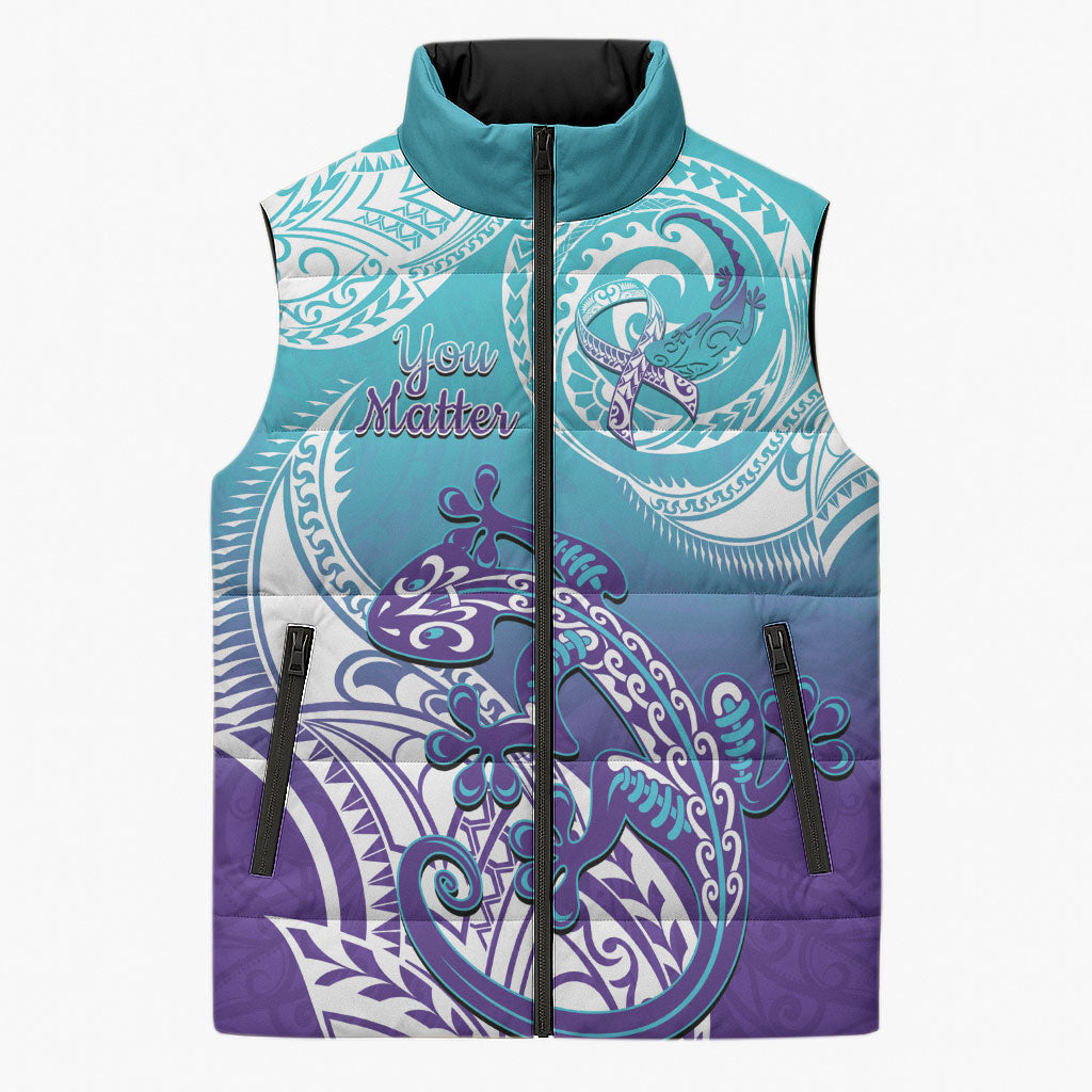 Personalised New Zealand Suicide Prevention Month Sleeveless Puffer Jacket You Matter NZ Fern With Maori Koru Lizard