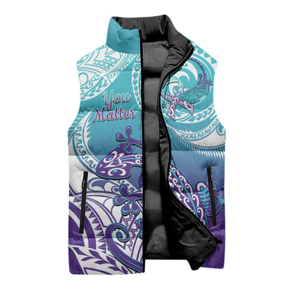 Personalised New Zealand Suicide Prevention Month Sleeveless Puffer Jacket You Matter NZ Fern With Maori Koru Lizard