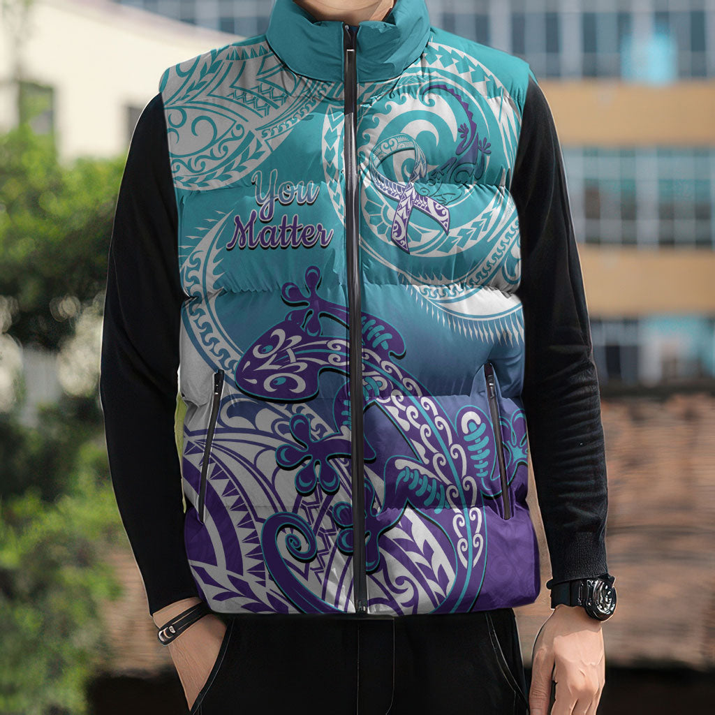 Personalised New Zealand Suicide Prevention Month Sleeveless Puffer Jacket You Matter NZ Fern With Maori Koru Lizard