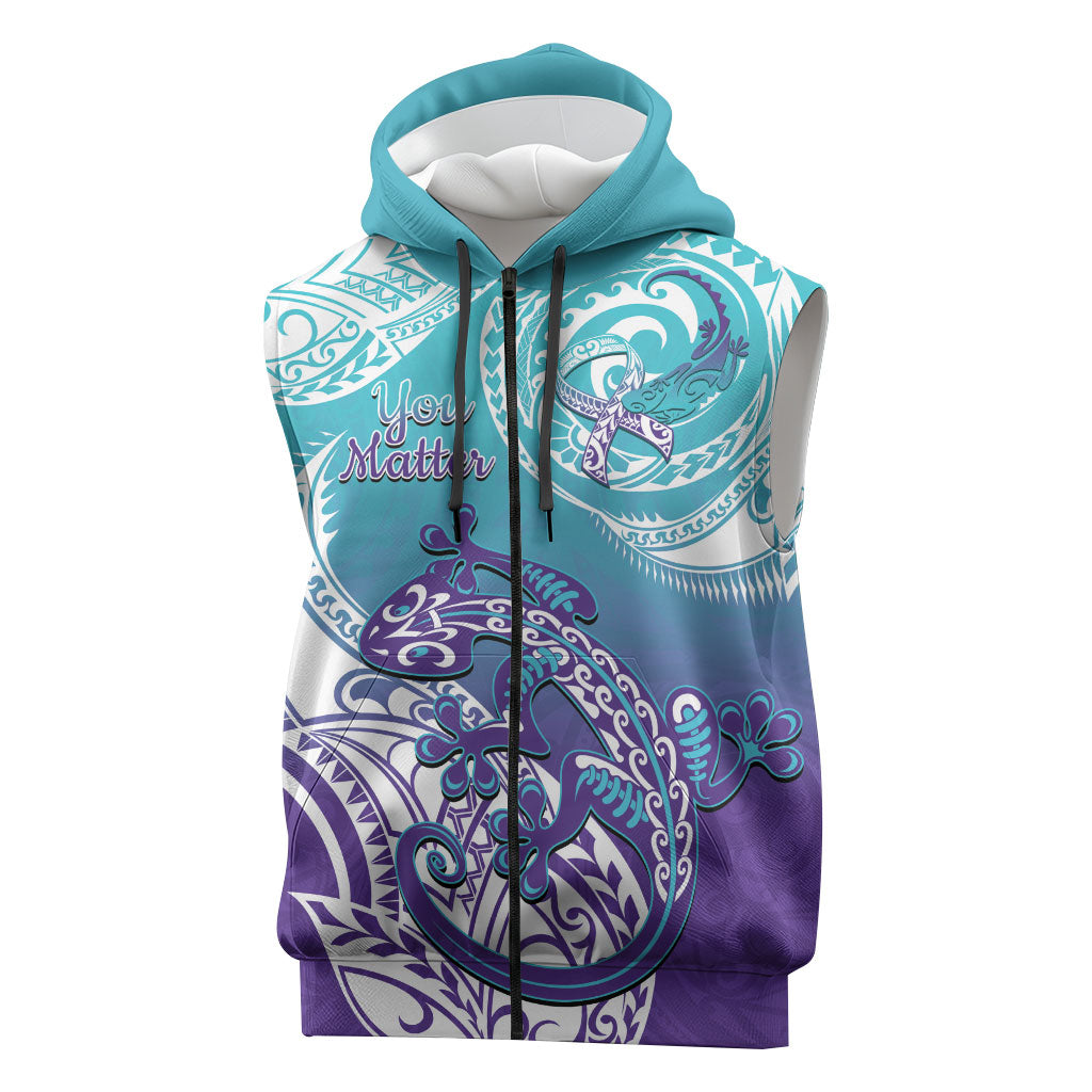 Personalised New Zealand Suicide Prevention Month Sleeveless Zip Hoodie You Matter NZ Fern With Maori Koru Lizard