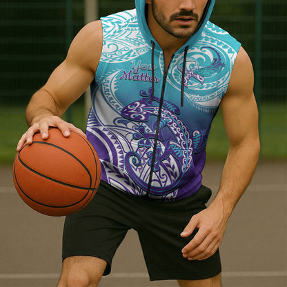 Personalised New Zealand Suicide Prevention Month Sleeveless Zip Hoodie You Matter NZ Fern With Maori Koru Lizard