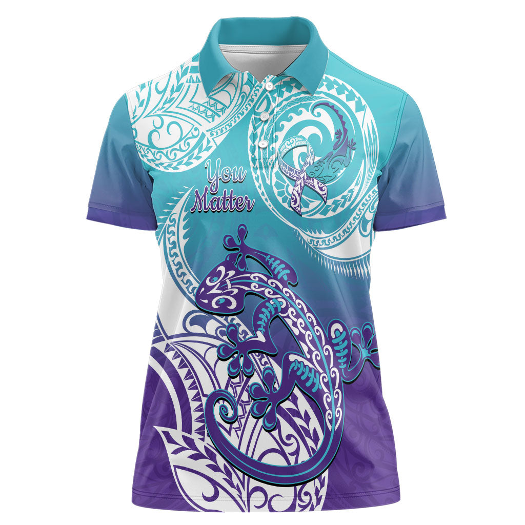 Personalised New Zealand Suicide Prevention Month Women Polo Shirt You Matter NZ Fern With Maori Koru Lizard