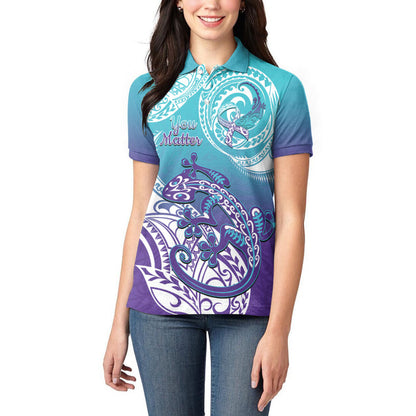 Personalised New Zealand Suicide Prevention Month Women Polo Shirt You Matter NZ Fern With Maori Koru Lizard